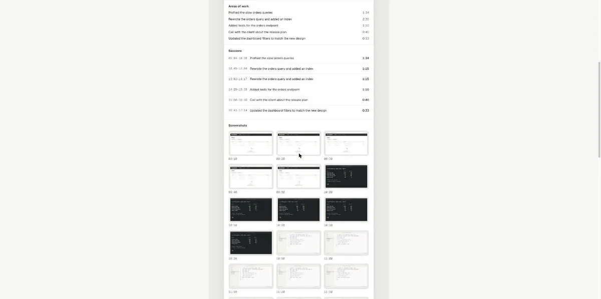 Sessions in a report, with the screenshot grid behind the tracked blocks