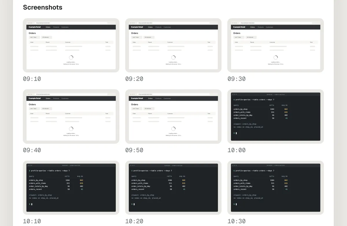 The screenshots section of ProofHour's sample client report: one screenshot for each 10-minute block, each marked with its time.