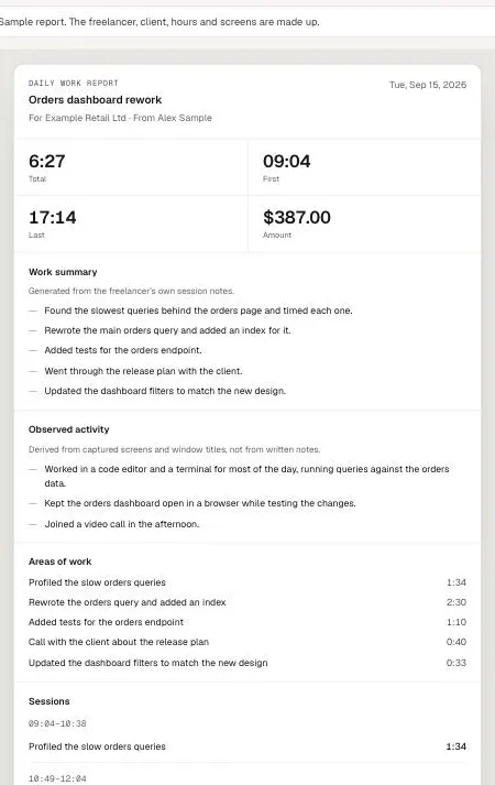 A ProofHour client report: total hours, work summary, observed activity, areas of work and sessions