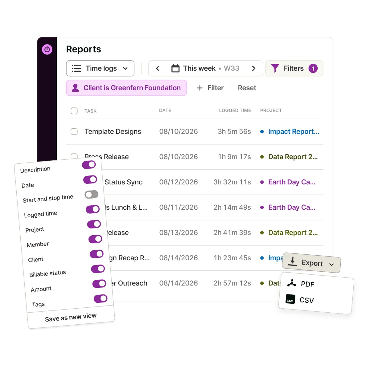 Toggl Track's Reports view, as shown on Toggl's website: time logs filtered to one client, with a choice of columns and an export to PDF or CSV.