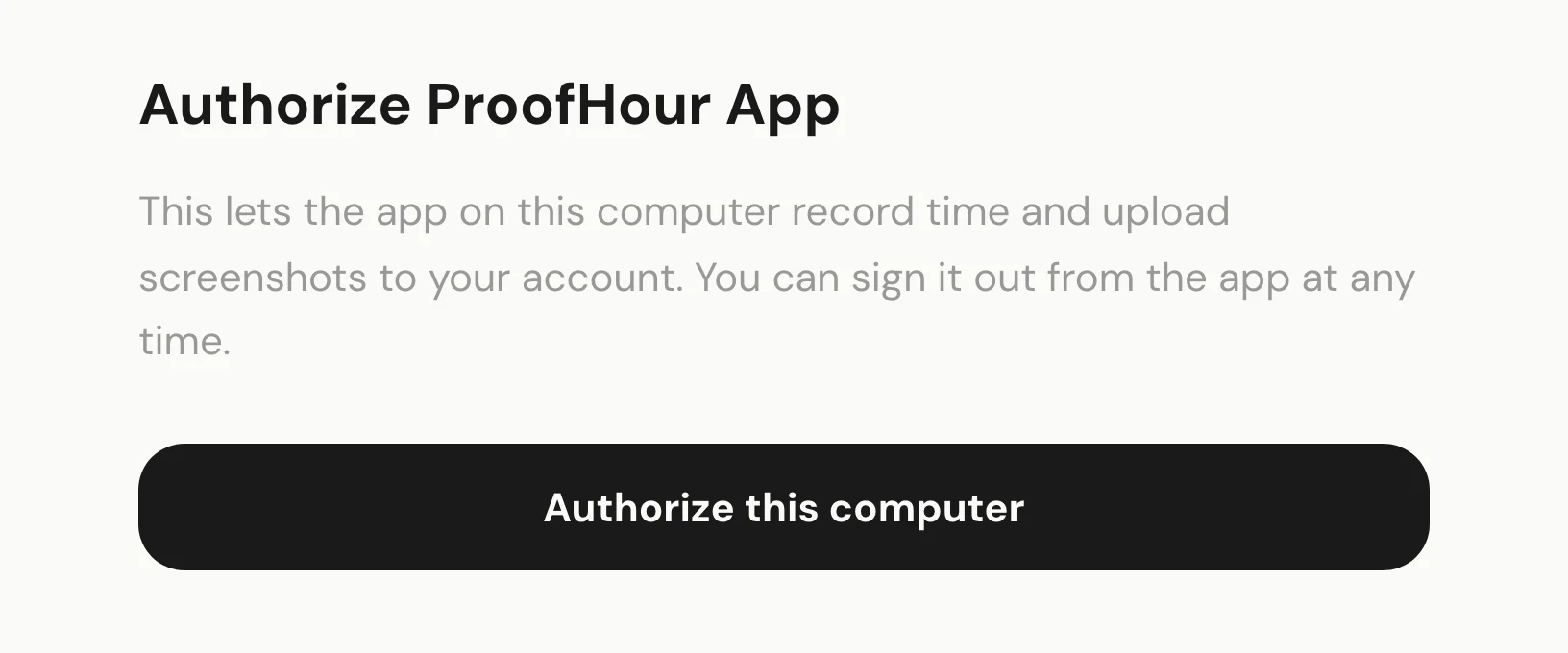 The browser page Authorize ProofHour App, with the button Authorize this computer