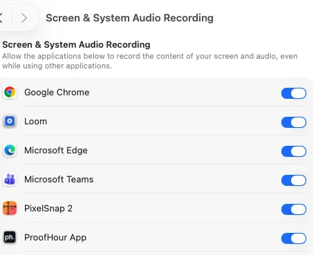 System Settings, Screen and System Audio Recording, with ProofHour App switched on