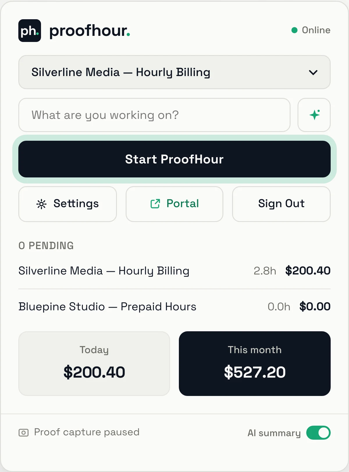 The app open: a contract picker, a note field and the Start ProofHour button