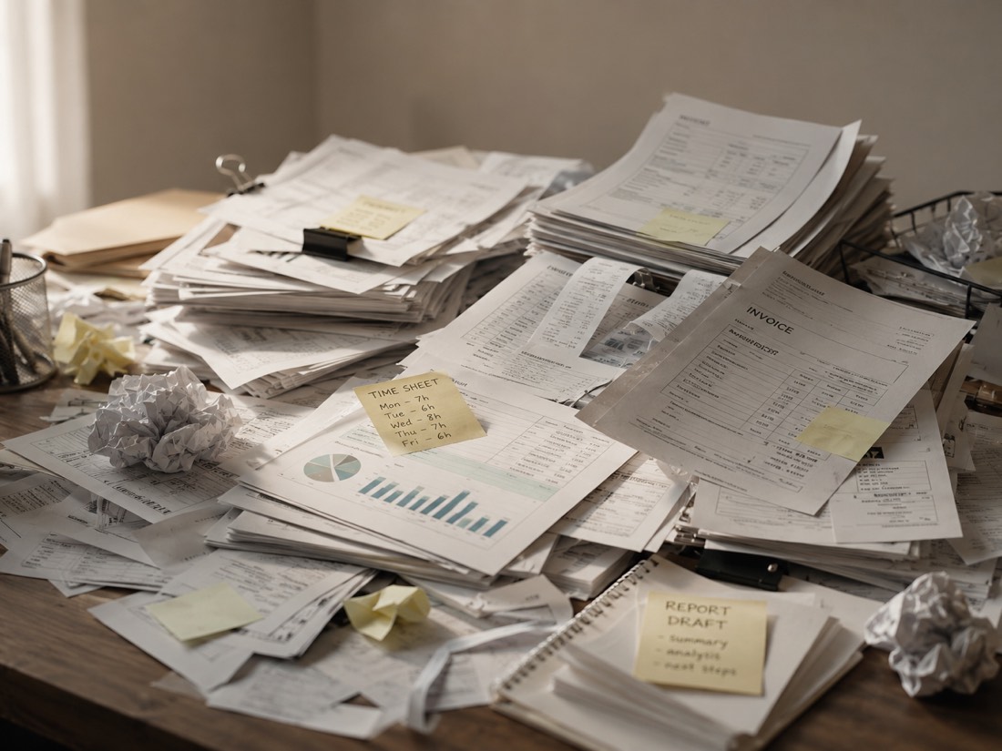 A desk buried in timesheets, invoices, report drafts, and sticky notes — the admin pile ProofHour replaces